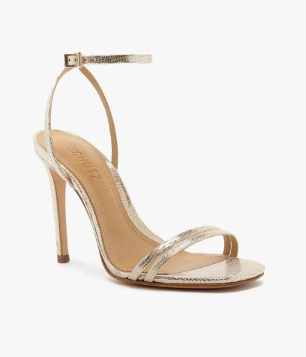 NWOT Schutz Altina Metallic Leather Stilettos Strappy Sandals Platina Gold US 7